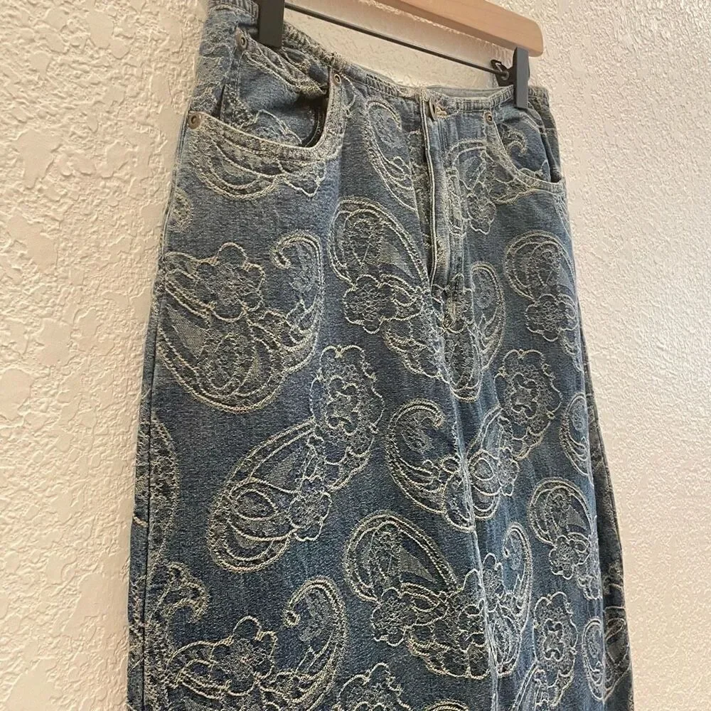 Vintage Liz Claiborne LizWear‎ Denim Bohemian Paisley Embroidered Maxi Skirt 4